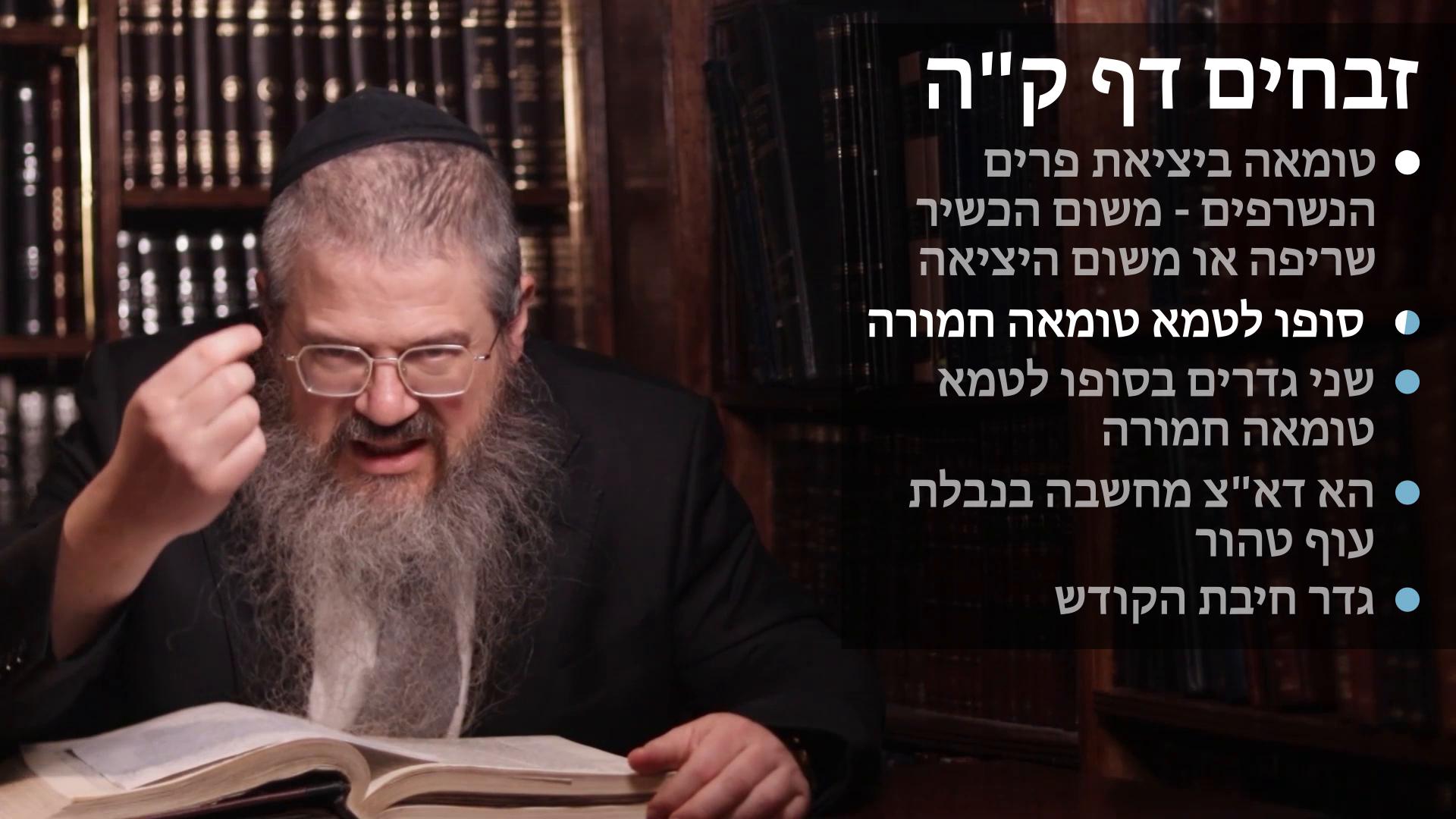 Zevachim daf 105 טומאה ביציאה בפרים הנשרפים משום הכשיר שריפה או היציאה עצמה, שני דינים בסופו לטמאה טומאה חמורה, מחשבה בניבלת עוף טהור, וחיבת הקודשת 