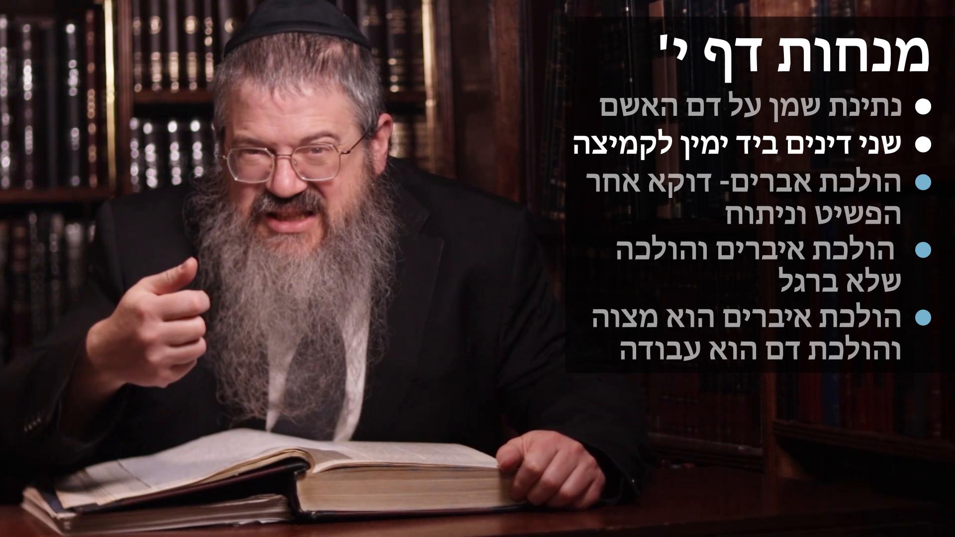 Menachot daf 10 נתינת שמן על דם האשם, שני דינים ביד ימין לקמיצה, הולכת איברים אחר הפשיט, הולכת איברים והלכת דם Shemen on dam ha'asham, Two dinim in the right hand for kemitza
