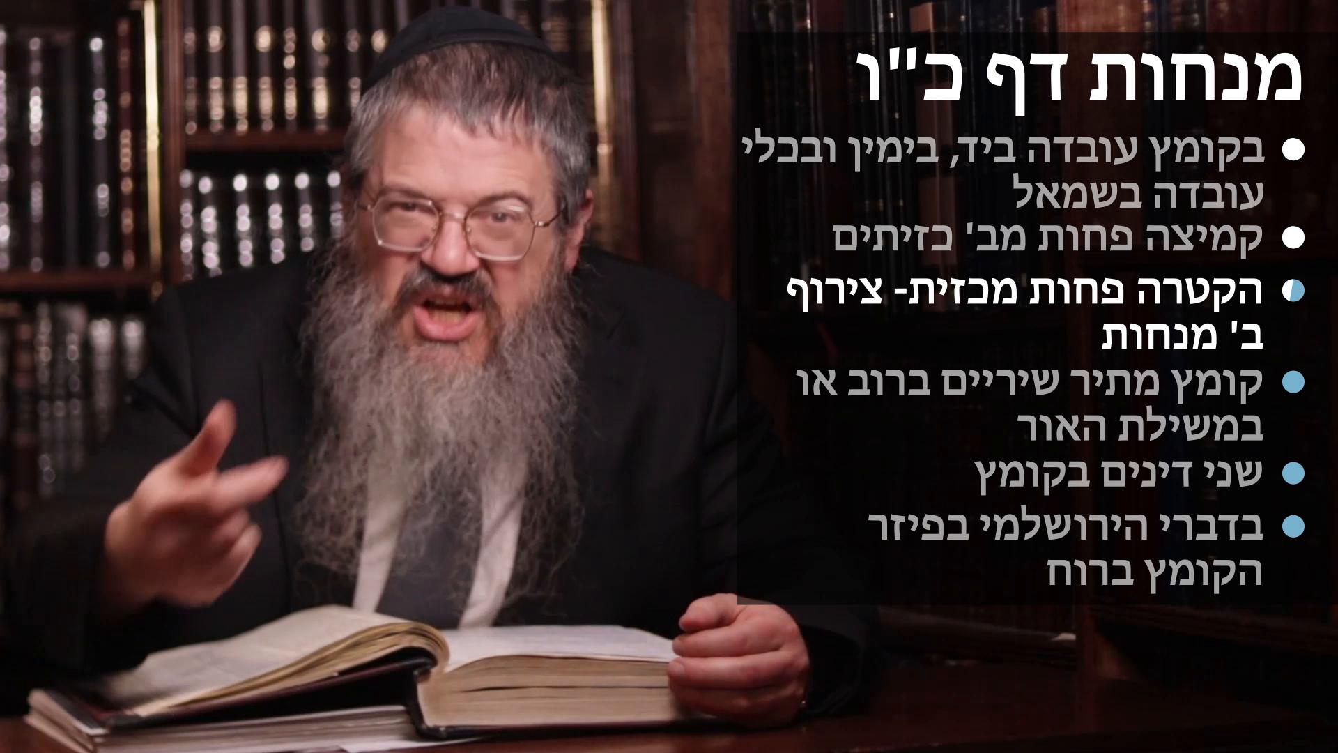 Menachot daf 26 בקומץ עובד ביד ובכלי בשמאל, קמיצה פחות משני זיתים, הקטרה פחות מכזית וצירוף שני מנחות, קמיצה מתיר שיריים במשילת האור במשהו או ברובו 